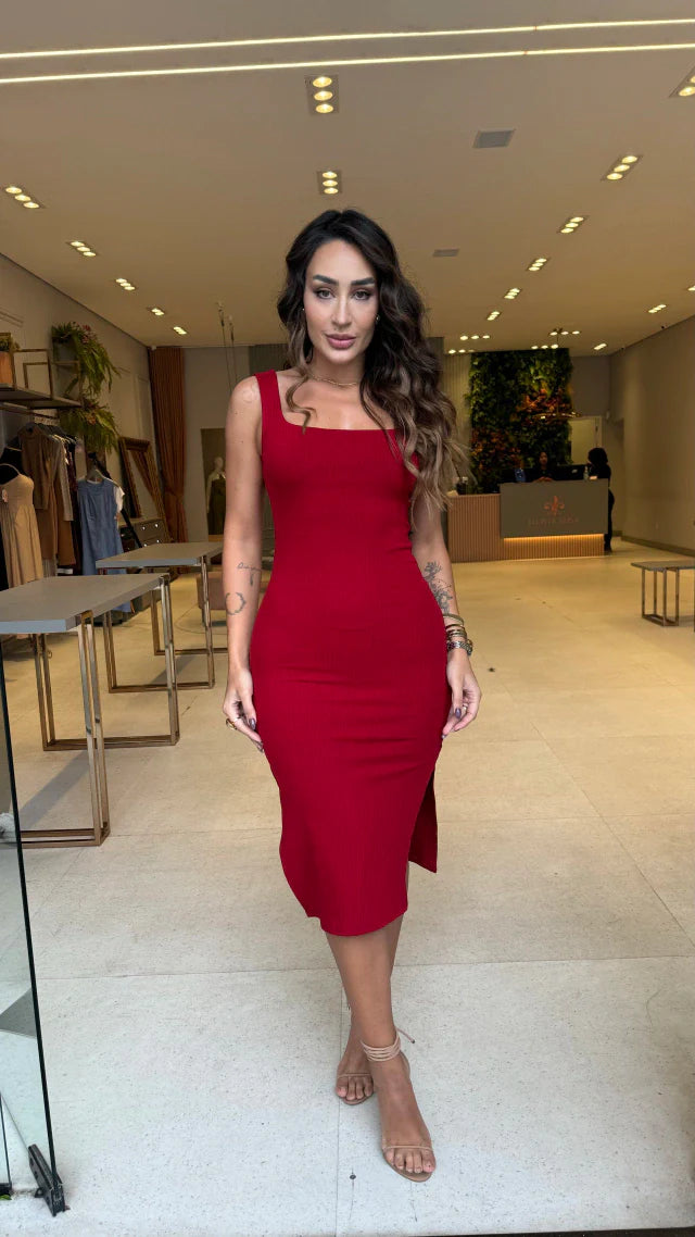 Vestido Malha Canelada Ivete Vermelho